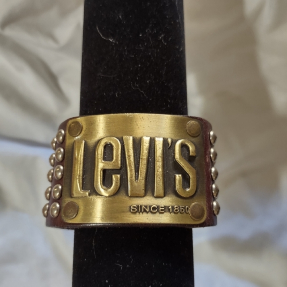 Levis Leather Cuff Bracelet Jewelry Gift Punk Bikercore Mechanic Brass Unisex